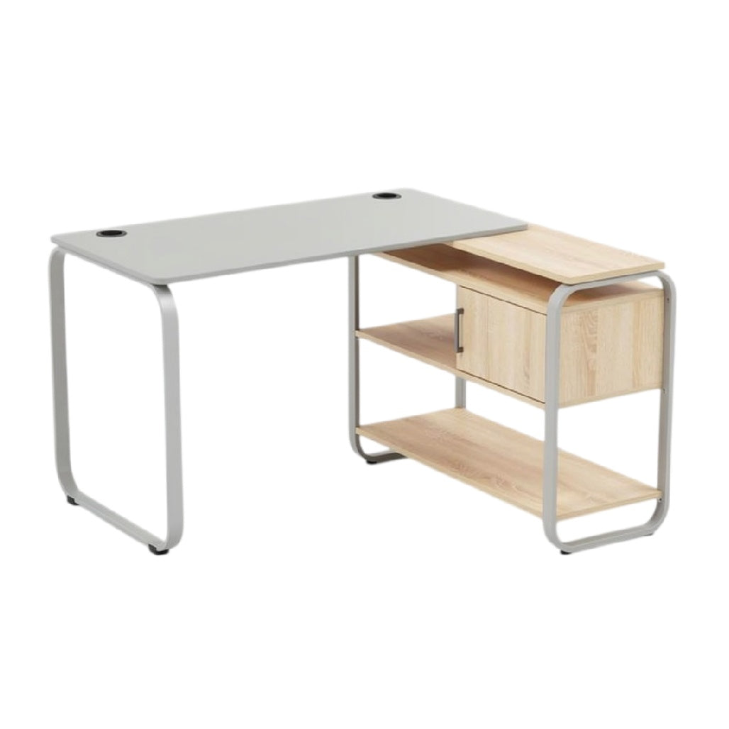 **Mesa de Escritório Moderna com Design Minimalista e Prateleiras de Armazenamento**