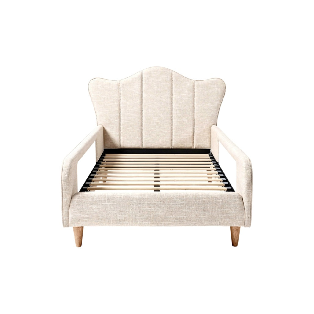 **Cama Estofada com Estrutura de Madeira e Design Moderno**
